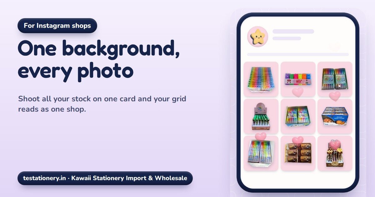 Cover for the video One background, every photo. A lilac scene with a phone showing a three-by-three shop grid. Every tile is a real stationery product photographed on the same pink background, and a cream cat sits beside it.