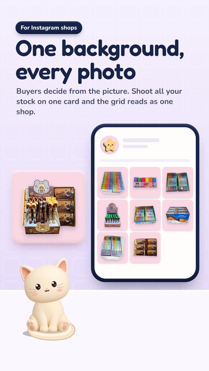 A lilac scene with a phone showing a three-by-three shop grid. Every tile is a real stationery product photographed on the same pink background, and a cream cat sits beside it.