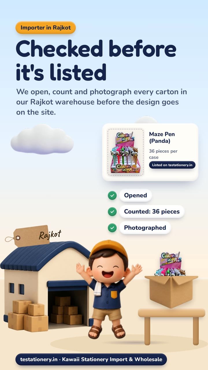 A delivery boy in a navy shirt and orange cap waves beside an open box holding a display box of panda maze pens. A checklist with green ticks reads Opened, Counted: 36 pieces, Photographed.