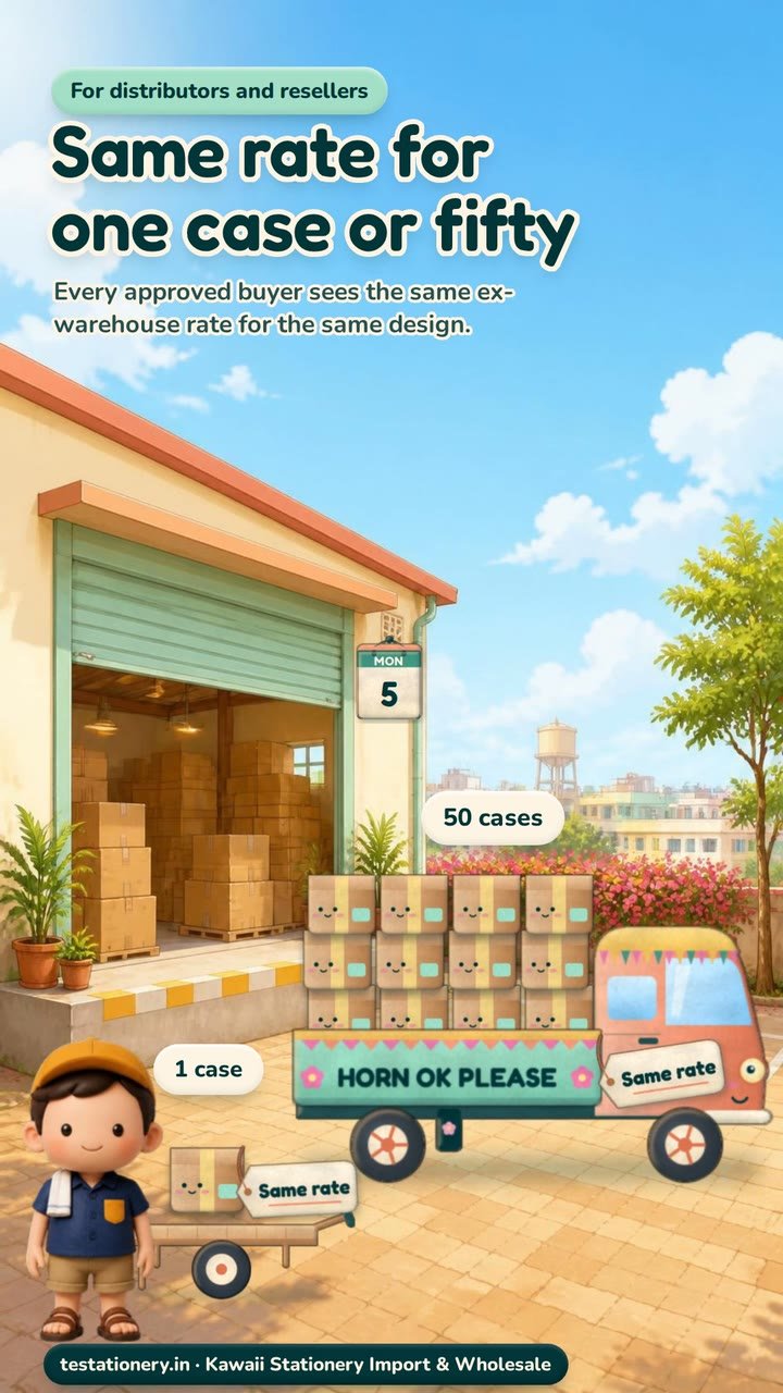 A sunny loading yard outside a cream warehouse. A pastel goods carrier painted HORN OK PLEASE carries 50 cases, a handcart carries 1 case, and both loads have the same tag reading Same rate.