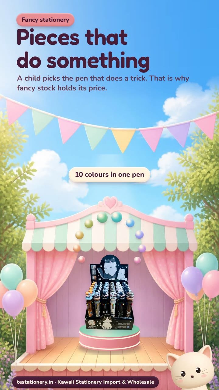 A pastel garden stage with a striped canopy, pink curtains, bunting and balloons. On a round pedestal stands a display box of cat-design 10-colour pens, with ten coloured ink drops fanning out above it.