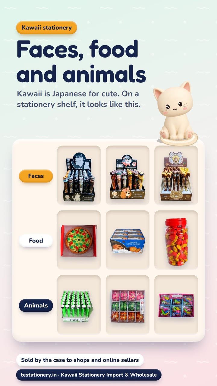 A cream cabinet with nine cubbies in three rows labelled Faces, Food and Animals, holding real stationery display boxes, with a cream cat sitting on top.