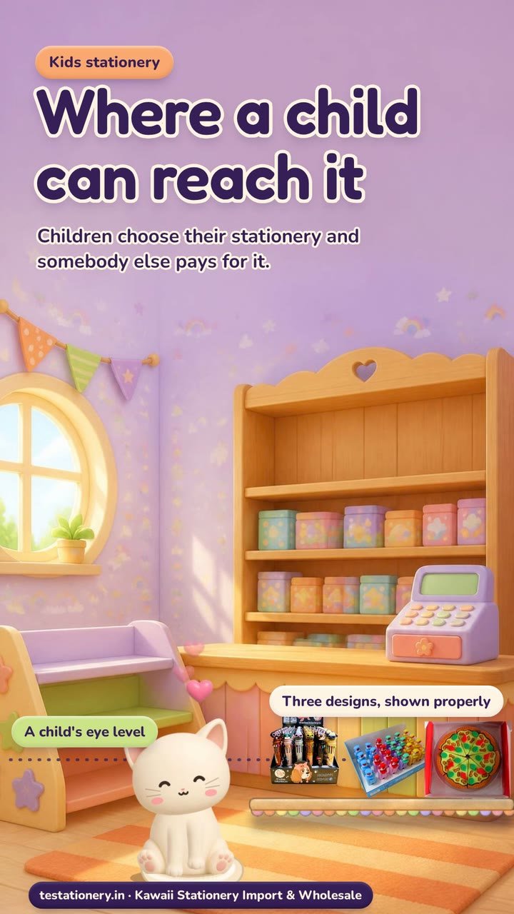 A pastel children's stationery shop. A cream cat sits on a rug at a child's height, and on a ledge at its eye level stand three display boxes: dog 10-colour pens, dino push-pull erasers and a pizza eraser.