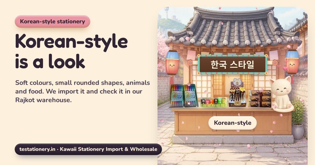 Cover for the video Korean-style is a look. A small Korean hanok shop under pink cherry blossom. A wooden signboard reads 한국 스타일, and on the counter stand a pastel marker set, bear sharpeners, bear pens and chocolate erasers beside a cream cat.