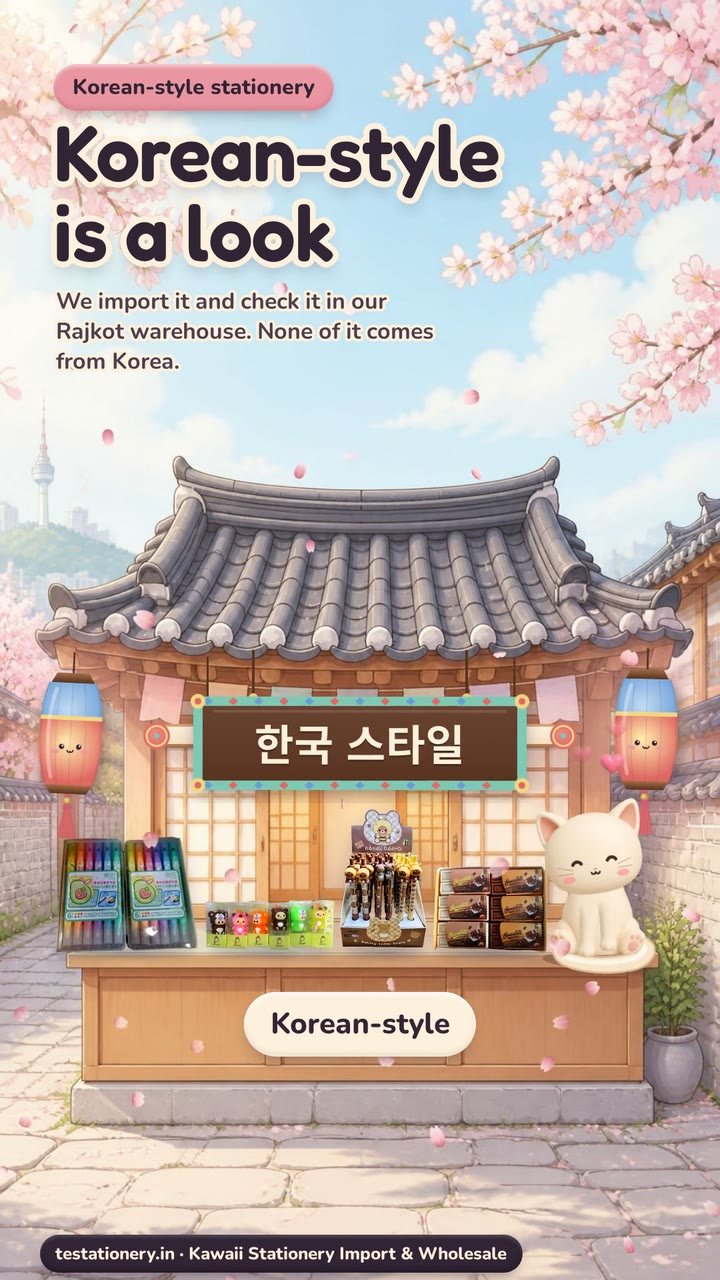 A small Korean hanok shop under pink cherry blossom. A wooden signboard reads 한국 스타일, and on the counter stand a pastel marker set, bear sharpeners, bear pens and chocolate erasers beside a cream cat.