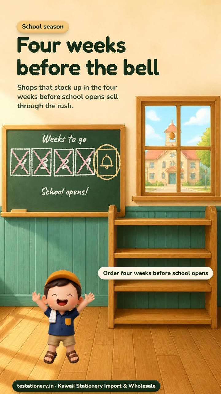 A school-supplies shop. A chalkboard reads Weeks to go with 4, 3, 2 and 1 crossed out and a bell circled, beside a wooden shelf full of real stationery and a waving delivery boy.