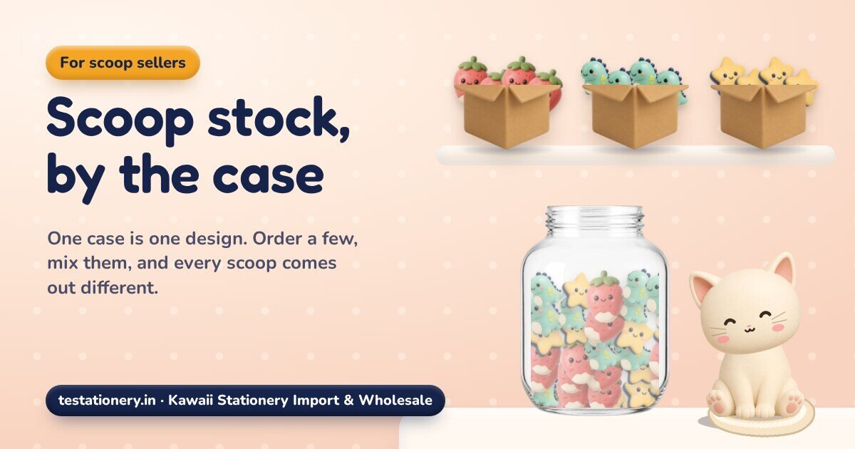 Cover for the video Scoop stock, by the case. Three open cardboard cases on a shelf hold strawberry erasers, dino erasers and star erasers. Dotted arrows lead into a glass jar packed with a mix of all three, and a cream-coloured cat sits beside it.
