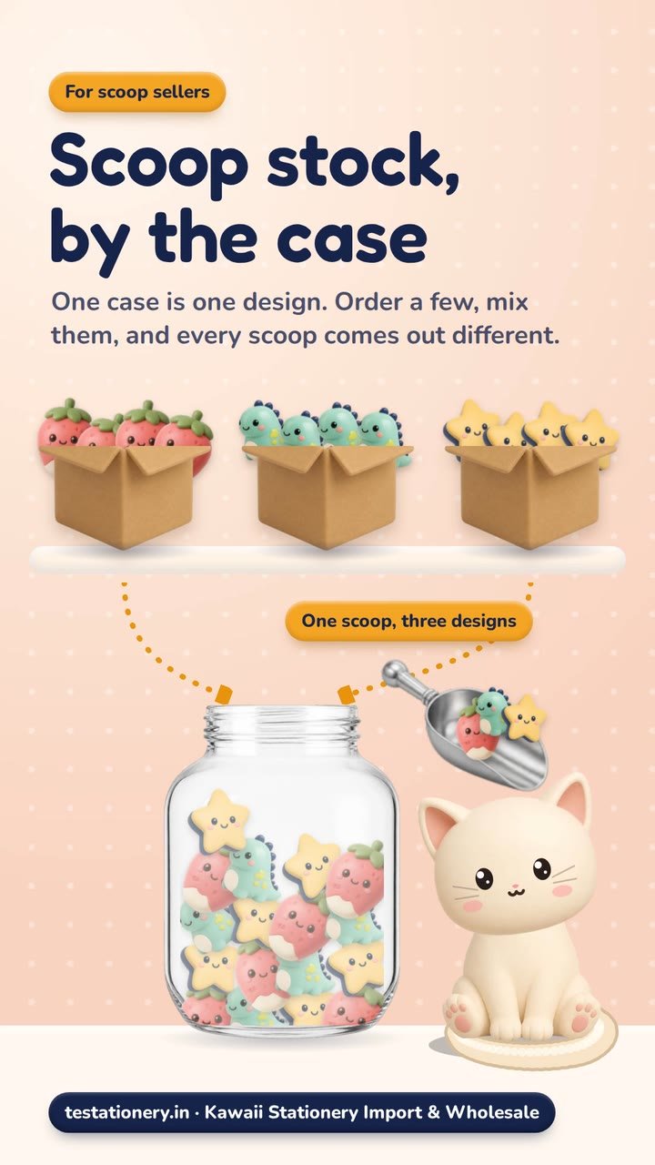 Three open cardboard cases on a shelf hold strawberry erasers, dino erasers and star erasers. Dotted arrows lead into a glass jar packed with a mix of all three, and a cream-coloured cat sits beside it.