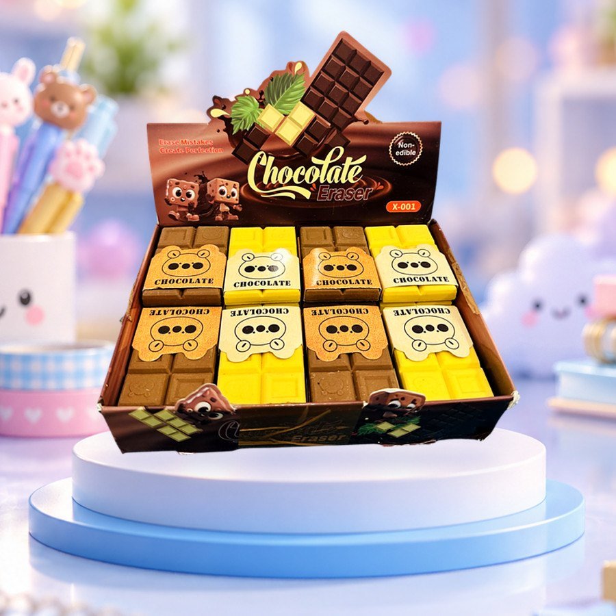Chocolate Eraser v2: milk and white chocolate erasers in a display box, on a pastel blue podium — wholesale kawaii erasers from Tirth Enterprise