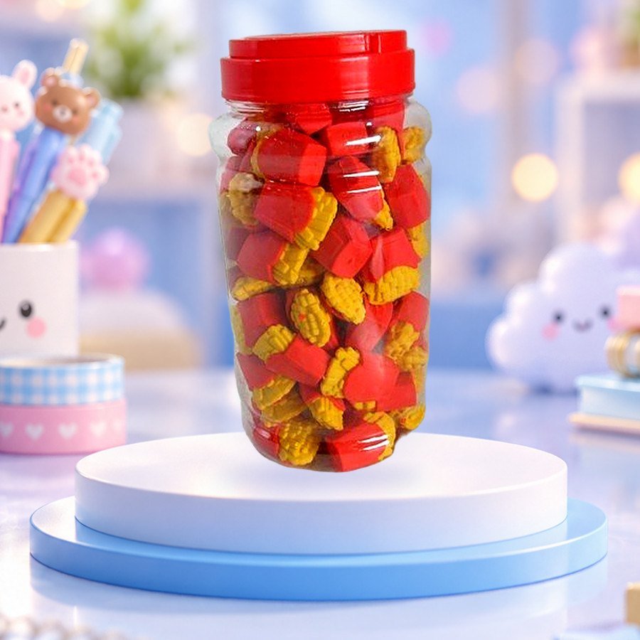 French Fries Eraser: French fries erasers in a jar, on a pastel blue podium — wholesale kawaii erasers from Tirth Enterprise
