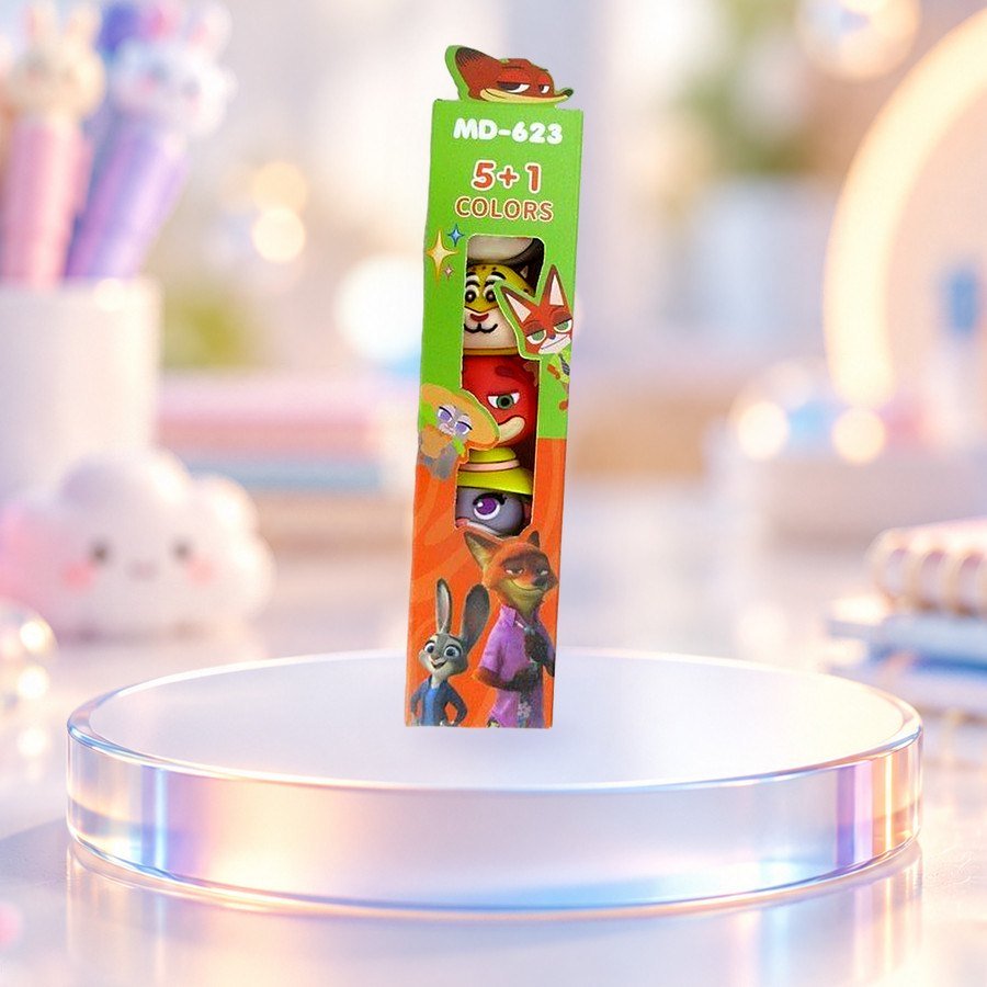 Pull-Apart Marker – Zootopia (5 Colours): Zootopia pull-apart markers, 5 colours, on a clear glass podium — wholesale kawaii markers from Tirth Enterprise