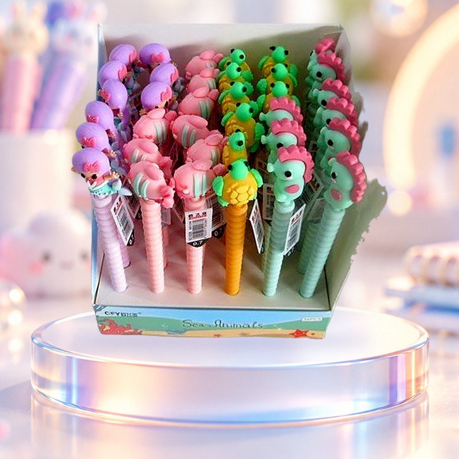Mechanical Pencil (Sea Animals): mechanical pencils with sea animal toppers in a display box, on a clear glass podium — wholesale kawaii mechanical pencils from Tirth Enterprise