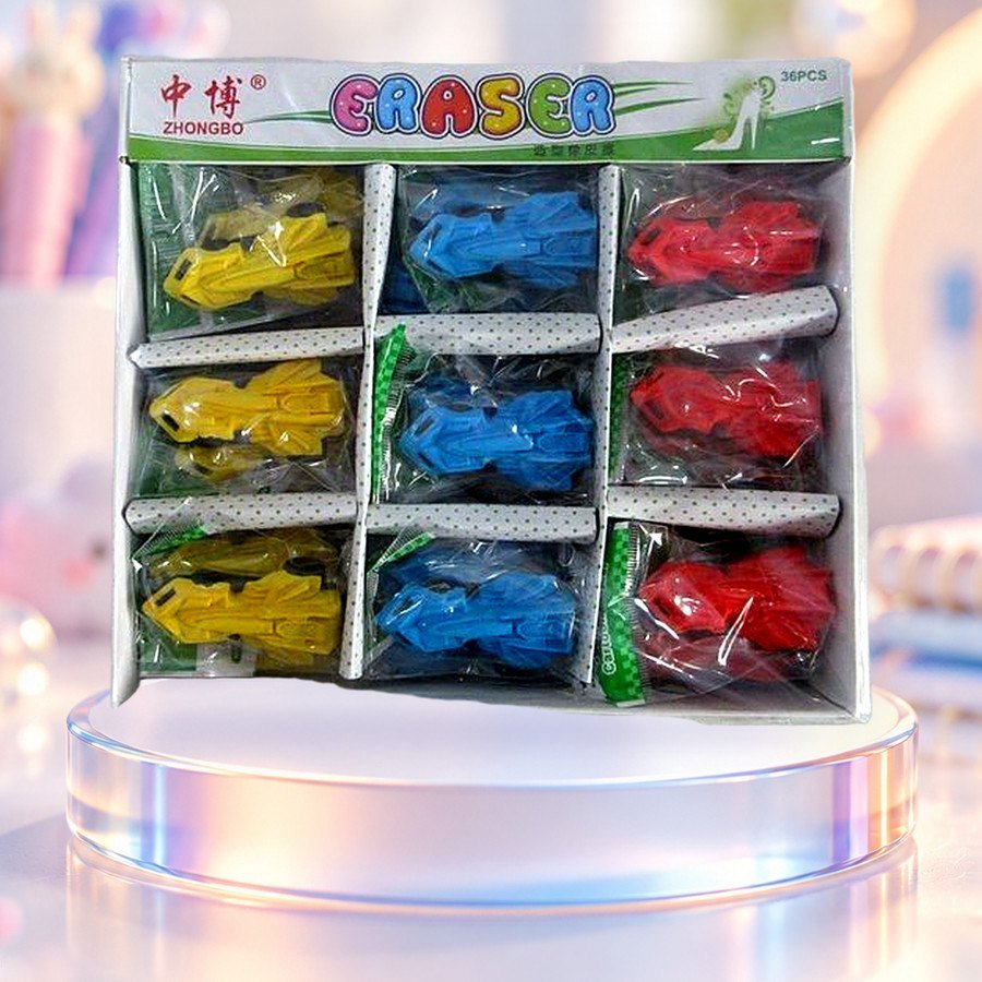 Batcar Eraser: Batcar erasers in a display tray, on a clear glass podium — wholesale kawaii erasers from Tirth Enterprise