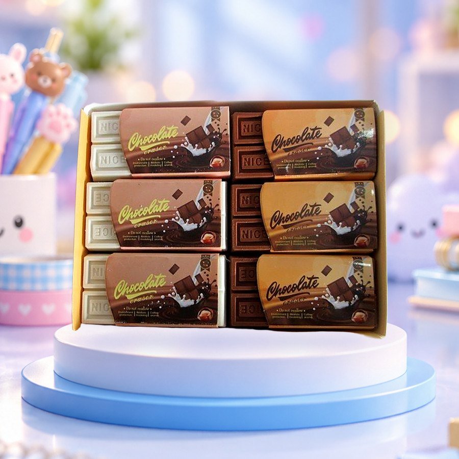Chocolate Eraser: chocolate bar erasers in a display box, on a pastel blue podium — wholesale kawaii erasers from Tirth Enterprise