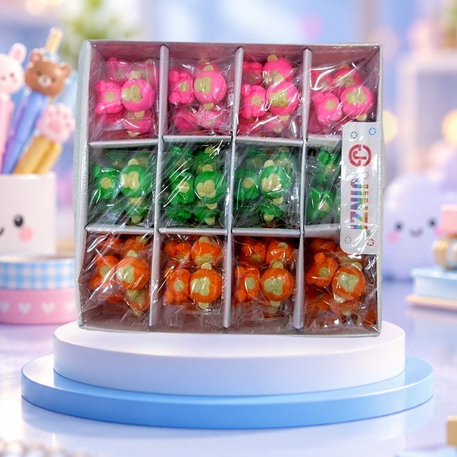 Monkey Eraser: monkey erasers in a display tray, on a pastel blue podium — wholesale kawaii erasers from Tirth Enterprise