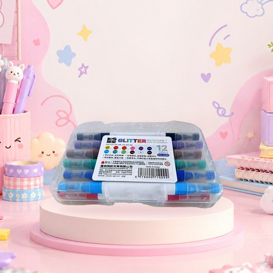 Glitter Acrylic Marker, Dual Tip (12 Colours): glitter dual tip acrylic markers, 12 colours, on a pink kawaii desk — wholesale kawaii markers from Tirth Enterprise