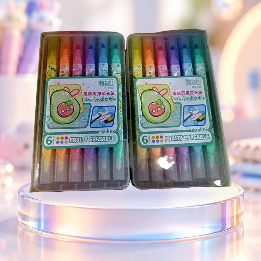 Fruity Erasable Marker Set (6 Colours): fruity erasable marker sets of 6 colours, on a clear glass podium — wholesale kawaii markers from Tirth Enterprise