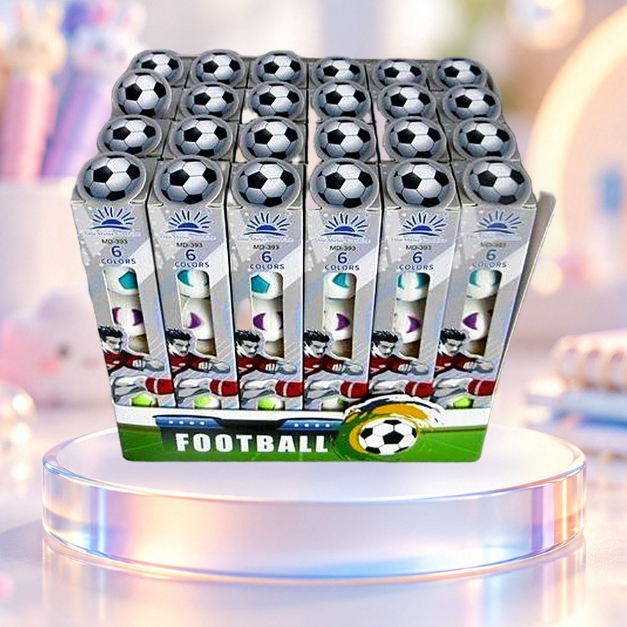 Pull-Apart Marker – Football (5 Colours): football pull-apart markers, 5 colours, on a clear glass podium — wholesale kawaii markers from Tirth Enterprise