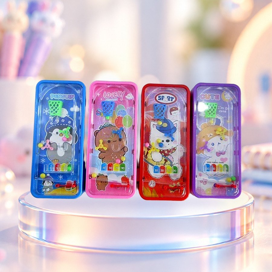 Pencil Box With Game and Lock: pencil boxes with a game and lock, on a clear glass podium — wholesale kawaii pencil boxes from Tirth Enterprise