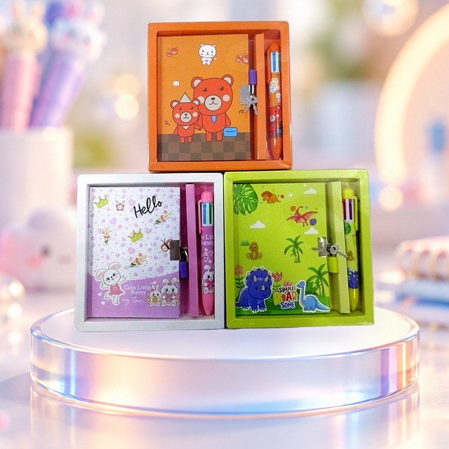 Stationery Set v2: kids stationery gift set, on a clear glass podium — wholesale kawaii stationery sets from Tirth Enterprise