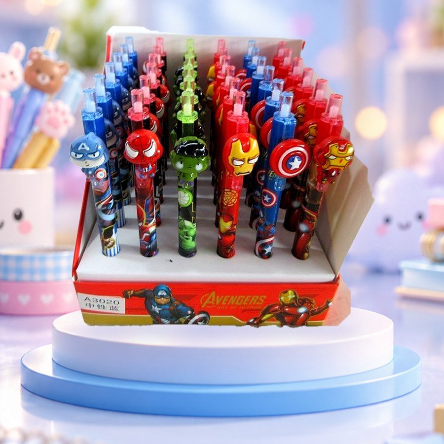 Gel Pen (Avengers): Avengers gel pens in a display box, on a pastel blue podium — wholesale kawaii pens from Tirth Enterprise