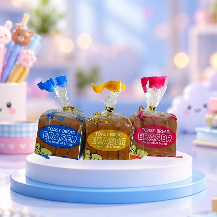 Bread Eraser: bread loaf erasers in their packs, on a pastel blue podium — wholesale kawaii erasers from Tirth Enterprise