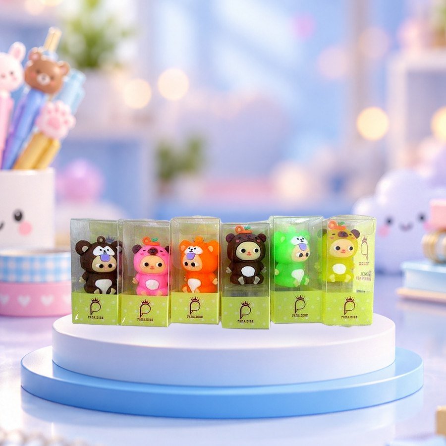 Sharpener (Cute Bear): cute bear sharpeners in a blister pack, on a pastel blue podium — wholesale kawaii erasers from Tirth Enterprise