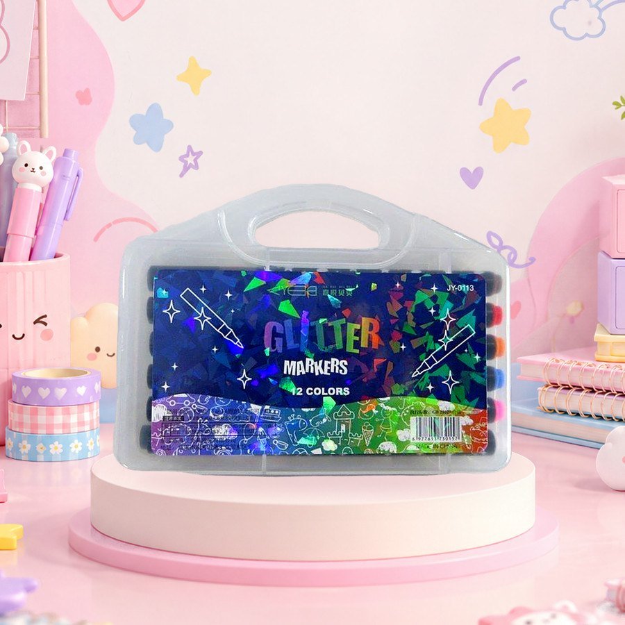 Glitter Marker (12 Colours): glitter markers, 12 colours, on a pink kawaii desk — wholesale kawaii markers from Tirth Enterprise