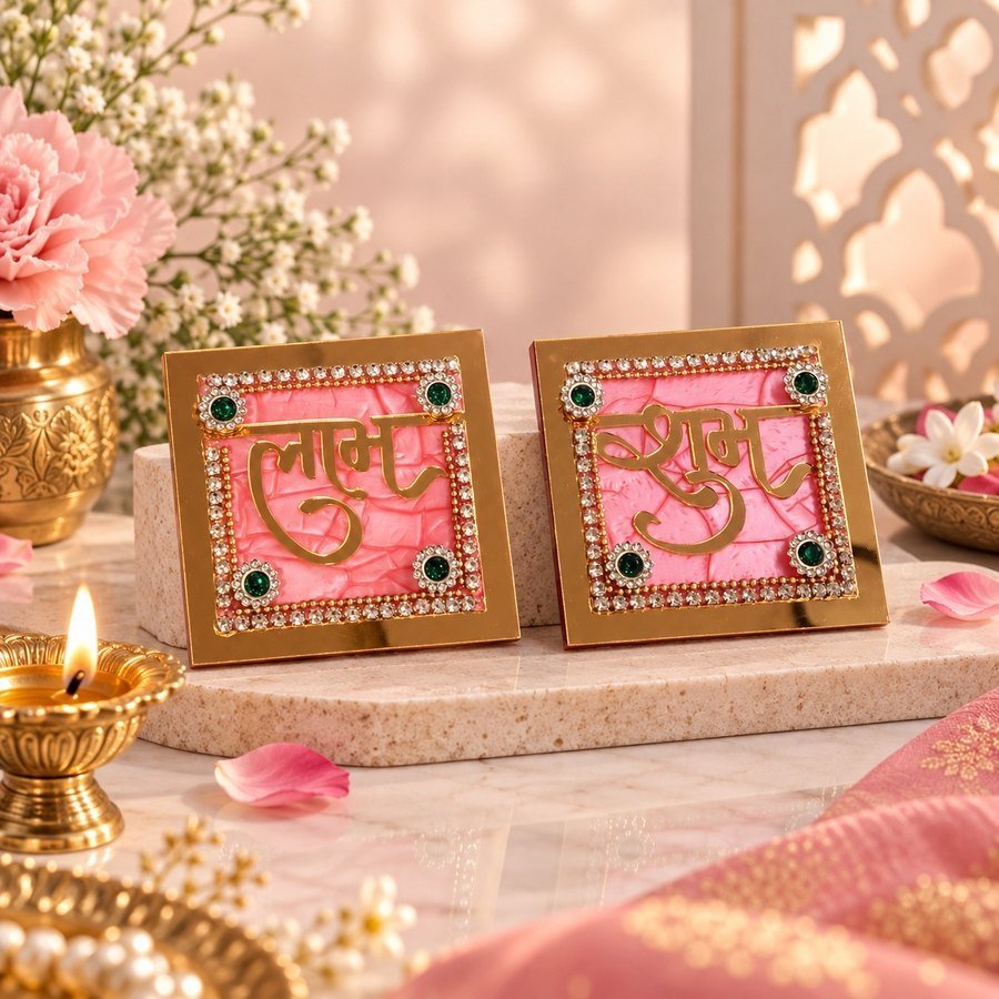 Pink glass Shubh-Labh tiles, Festive & Pooja, Tirth Enterprise