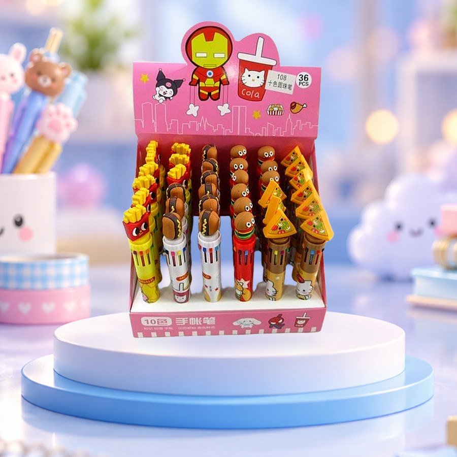 10-Colour Pen (Fast Food): 10-colour pens with fast food toppers in a display box, on a pastel blue podium — wholesale kawaii pens from Tirth Enterprise