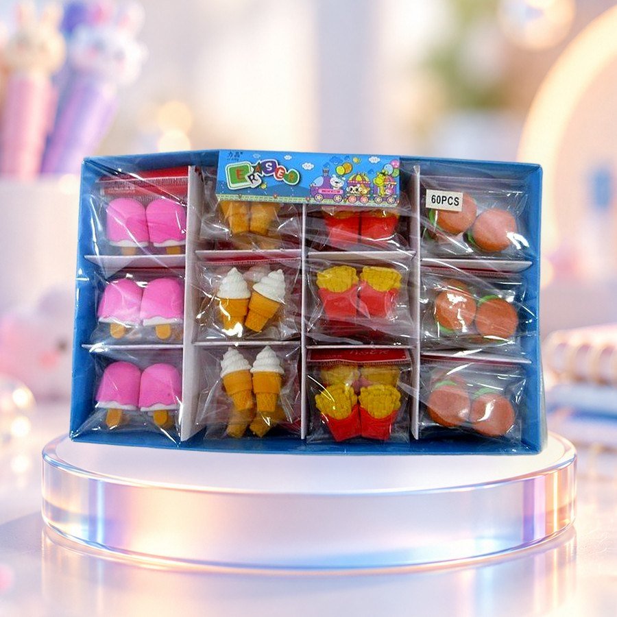 Fastfood Eraser: fast food erasers in a display tray, on a clear glass podium — wholesale kawaii erasers from Tirth Enterprise