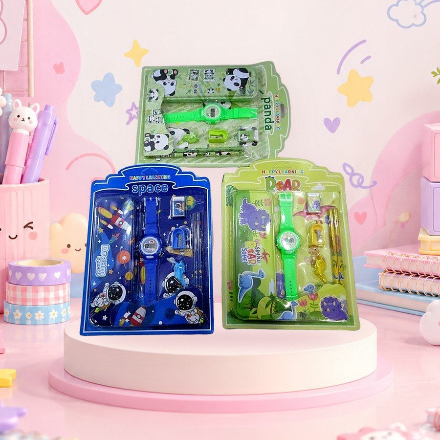 Stationery Set v3: kids stationery gift set, on a pink kawaii desk — wholesale kawaii stationery sets from Tirth Enterprise