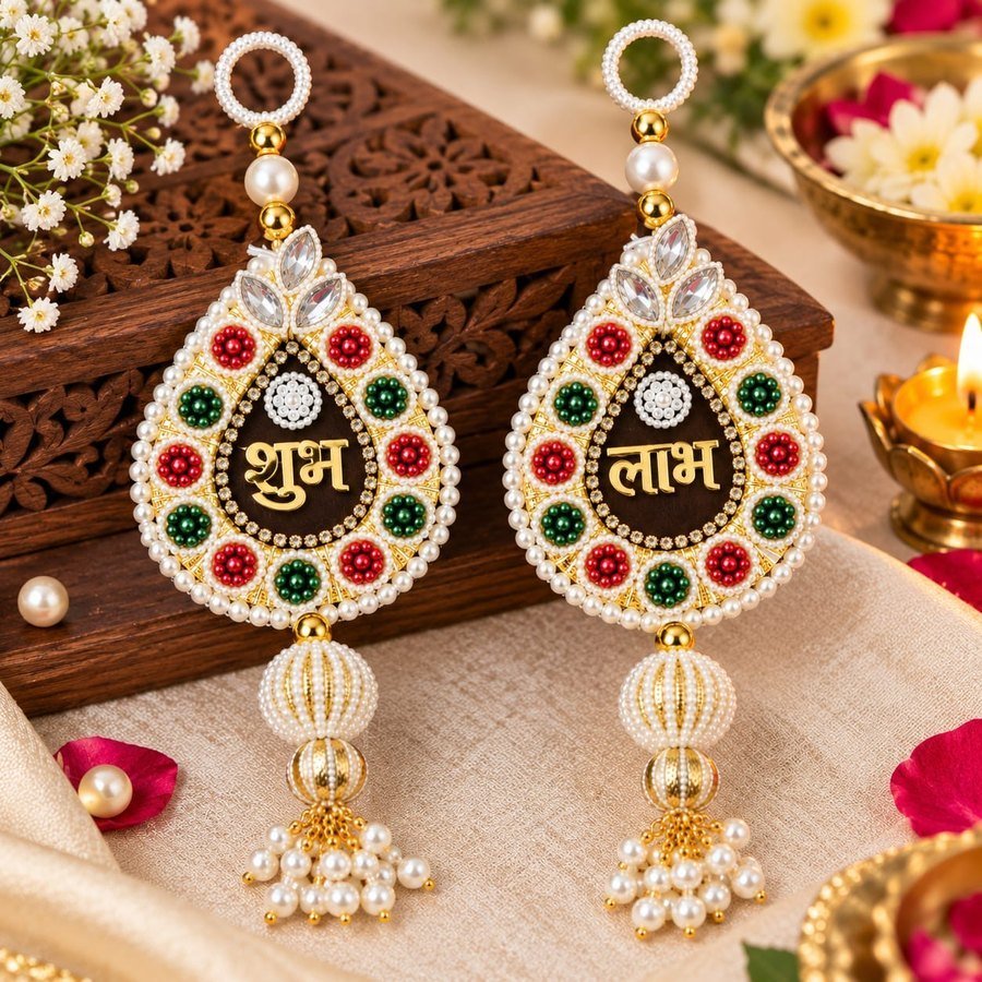 Kundan teardrop Shubh-Labh with pearl tassels, Festive & Pooja, Tirth Enterprise