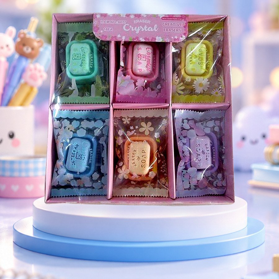 Soap Eraser: soap-shaped erasers in a display tray, on a pastel blue podium — wholesale kawaii erasers from Tirth Enterprise