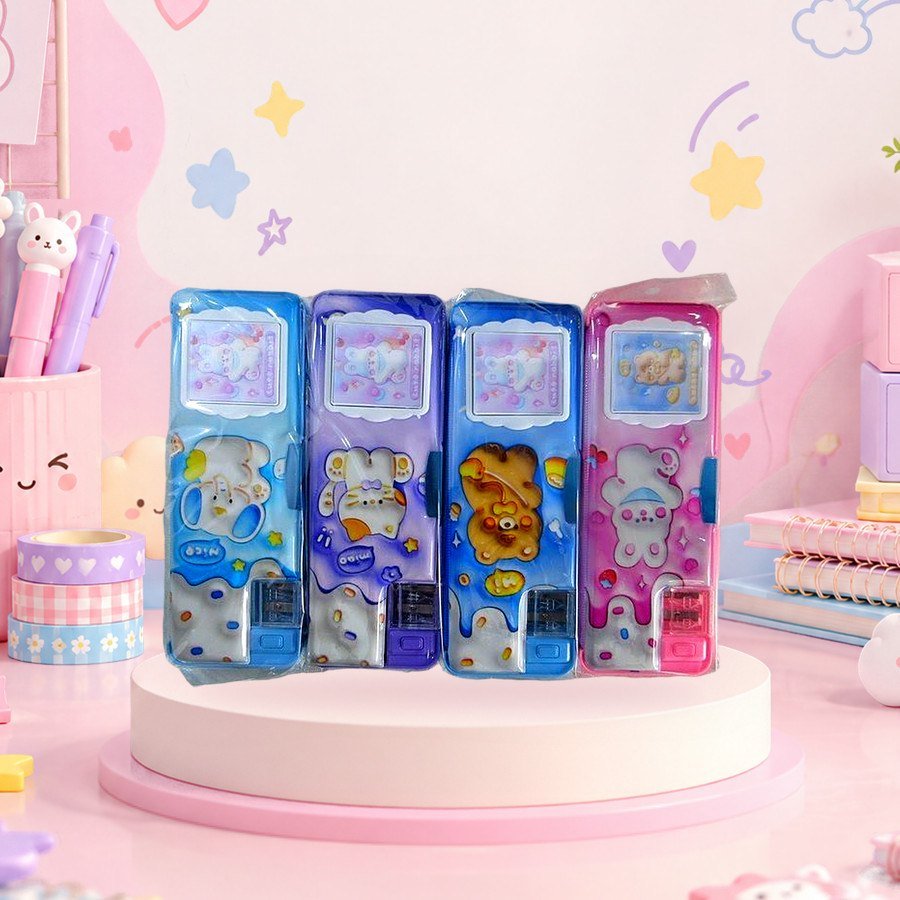 Multifunctional Pencil Box With Calculator & Sharpener: multifunctional pencil boxes with calculator and sharpener, on a pink kawaii desk — wholesale kawaii pencil boxes from Tirth Enterprise