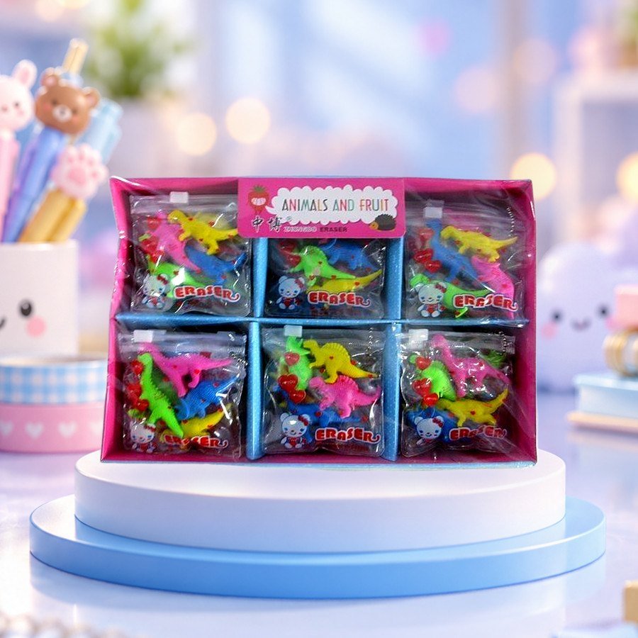 Dino Eraser: dinosaur erasers in a display tray, on a pastel blue podium — wholesale kawaii erasers from Tirth Enterprise