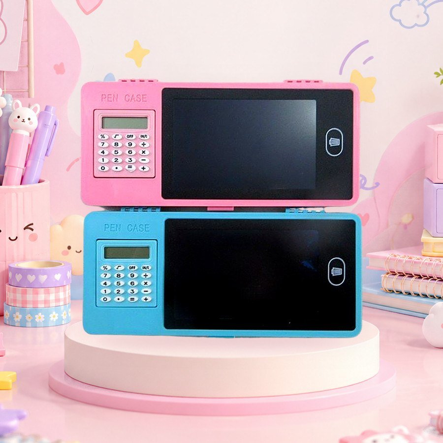 LCD Drawing Box With Calculator: LCD drawing boxes with calculator, on a pink kawaii desk — wholesale kawaii pencil boxes from Tirth Enterprise