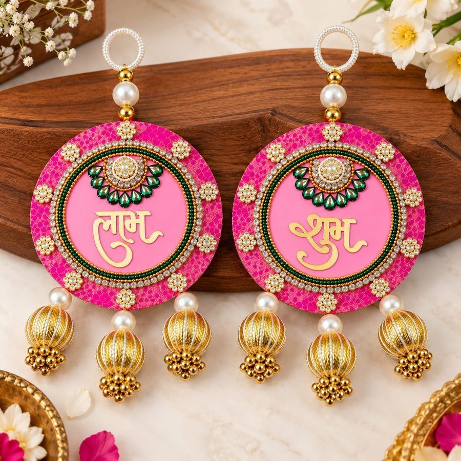 Pink round Shubh-Labh with gota jhumkas, Festive & Pooja, Tirth Enterprise