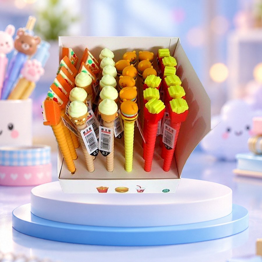 Mechanical Pencil (Fastfood): mechanical pencils with ice cream, burger and fries toppers in a display box, on a pastel blue podium — wholesale kawaii mechanical pencils from Tirth Enterprise