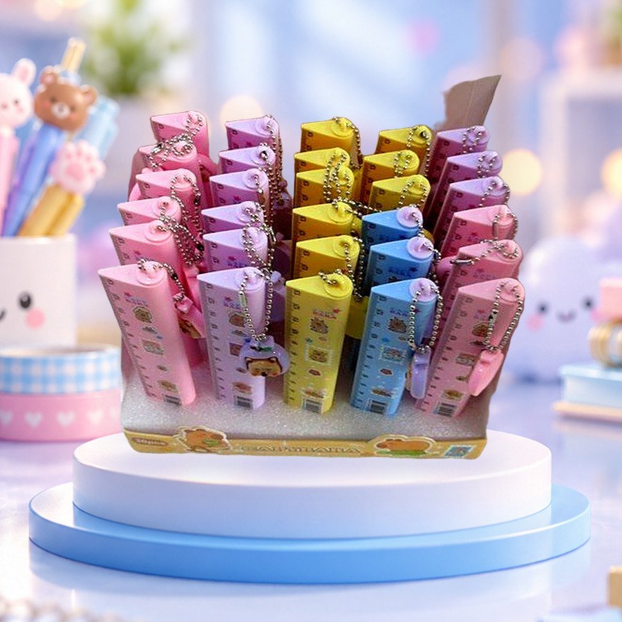 2-in-1 Scale & Pen: 2-in-1 scale and pen sets in a display box, on a pastel blue podium — wholesale kawaii pens from Tirth Enterprise