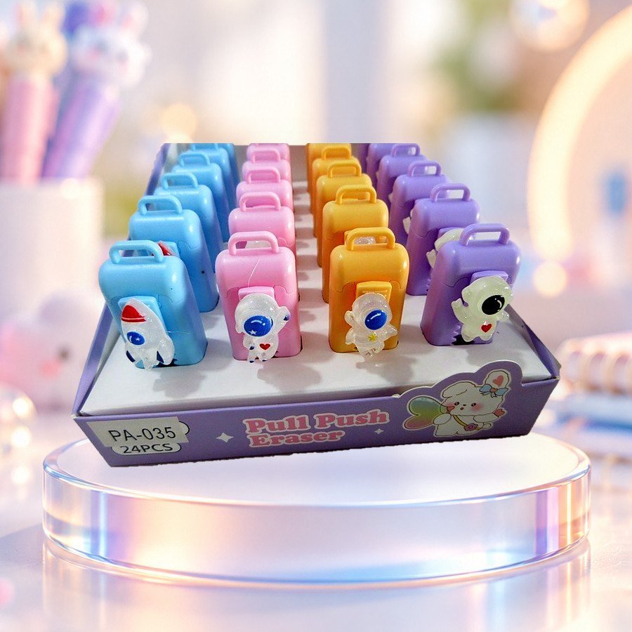 Push Pull Eraser (Spaceman): spaceman push-pull erasers in a display box, on a clear glass podium — wholesale kawaii erasers from Tirth Enterprise