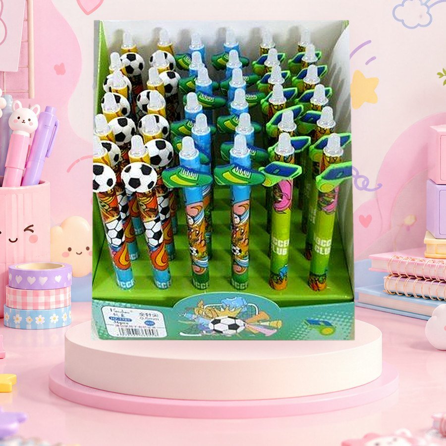 Erasable Pen (Football): erasable pens with football toppers in a display box, on a pink kawaii desk — wholesale kawaii pens from Tirth Enterprise