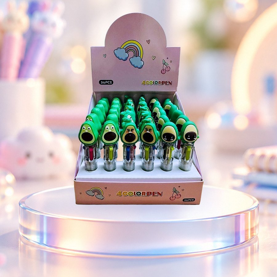 4-Colour Pen (Avocado): 4-colour pens with avocado toppers in a display box, on a clear glass podium — wholesale kawaii pens from Tirth Enterprise