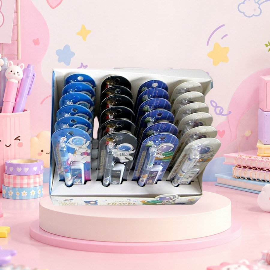 Mechanical Pencil With Leadbox (Spaceman): spaceman mechanical pencils with lead box in a display box, on a pink kawaii desk — wholesale kawaii mechanical pencils from Tirth Enterprise
