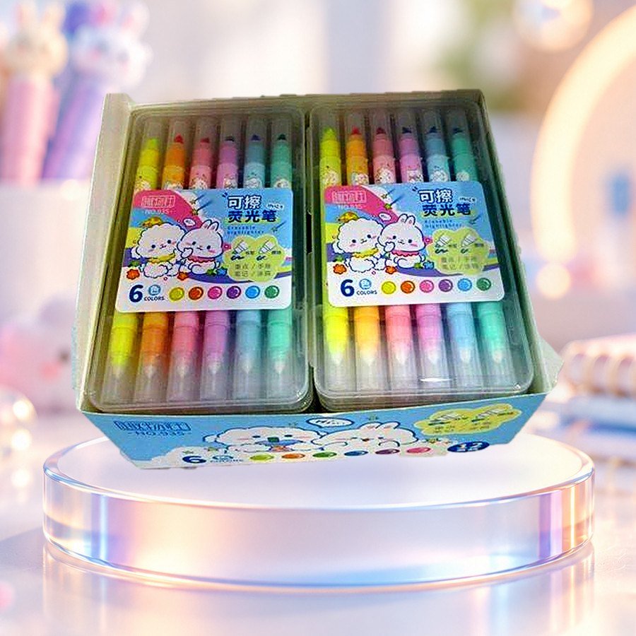 Erasable Marker Set v2 (6 Colours): erasable marker sets of 6 colours, version 2, on a clear glass podium — wholesale kawaii markers from Tirth Enterprise