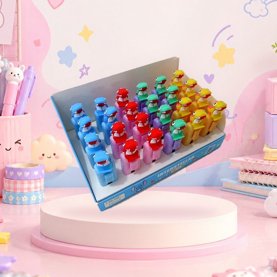 Push Pull Eraser (Dino): dinosaur push-pull erasers in a display box, on a pink kawaii desk — wholesale kawaii erasers from Tirth Enterprise