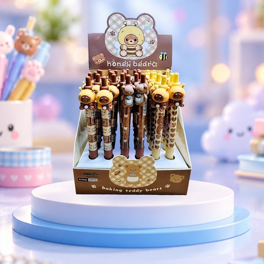 Pen (Cute Bear): pens with cute bear toppers in a display box, on a pastel blue podium — wholesale kawaii pens from Tirth Enterprise