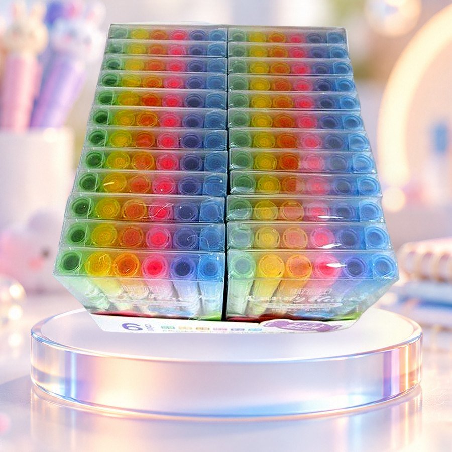 Candy Flavour Marker Set (6 Colours): candy flavour marker sets of 6 colours, on a clear glass podium — wholesale kawaii markers from Tirth Enterprise