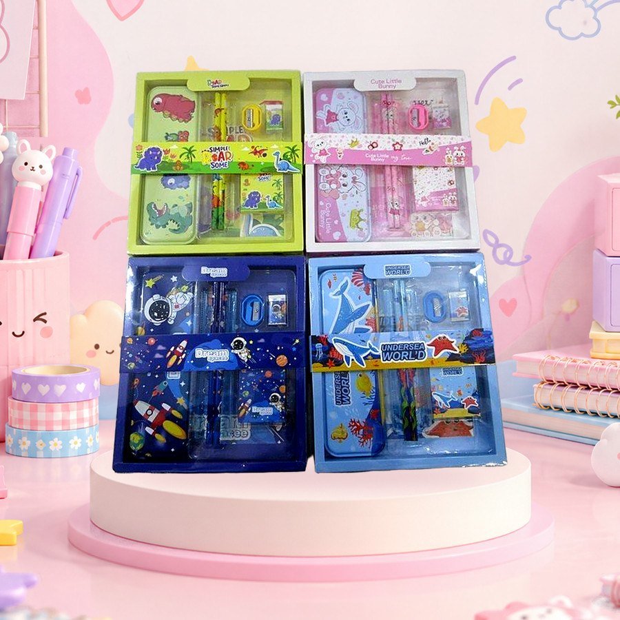 Stationery Set v4: kids stationery gift set, on a pink kawaii desk — wholesale kawaii stationery sets from Tirth Enterprise