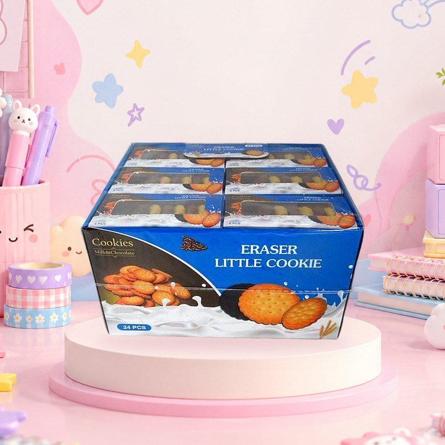 Cookie Eraser: cookie erasers in their boxes, on a pink kawaii desk — wholesale kawaii erasers from Tirth Enterprise